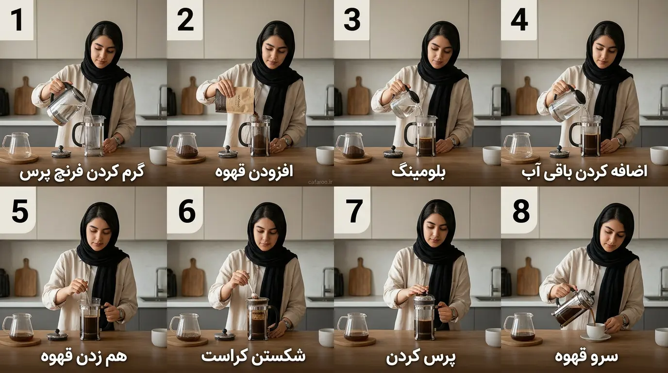 مراحل تهیه قهوه با فرنچ پرس